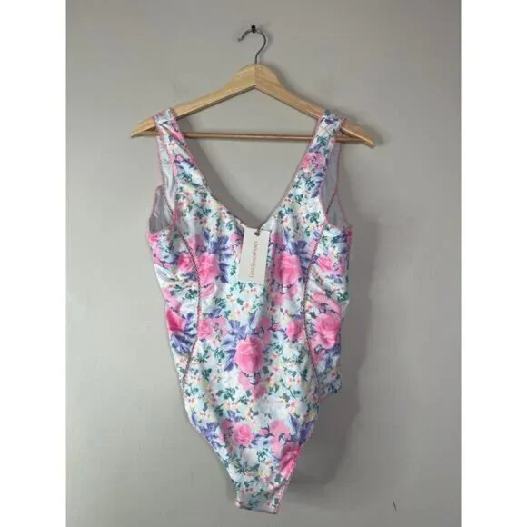 NWT LoveShackFancy Primrose Berry Mikkel Floral One-Piece Swimsuit Pink Size: L